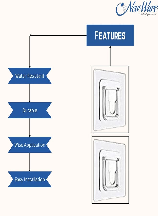 NEW WARE Self Adhesive Heavy Duty Wall Hooks | Transparent Sticky Hooks with 10 kg Load Capacity | Waterproof Hanger for Kitchen & Bathroom | Pack of 8 - Image 5